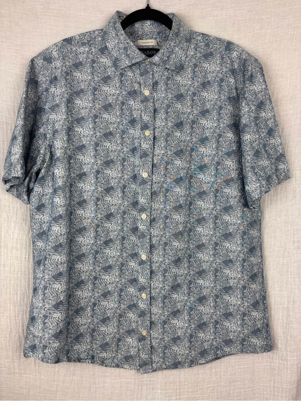 Jos. A. Bank Blue Leaf-Print Short-Sleeve Linen Blend Button-Down Shirt